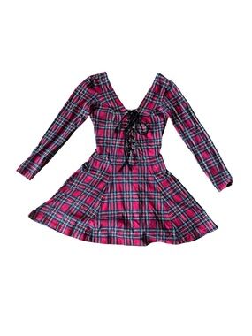 Lip Service Vintage Medium Tartan Plaid Dress Lace Long Sleeve Mini Punk Goth